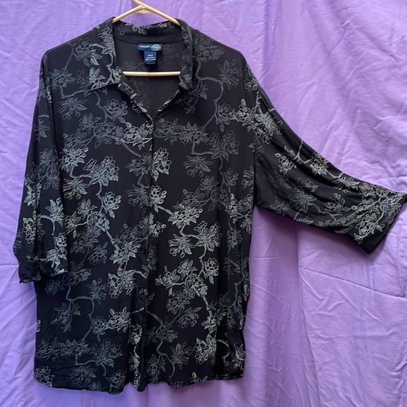 EUC Venezia Black & Gray Floral Button-Down Half-Sleeve Blouse, Size 18/20 - Picture 1 of 7